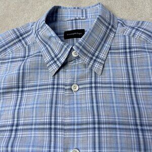 Ermenegildo Zegna Dress Men’s Shirt Medium 15 35 Button Up Blue Check Poplin